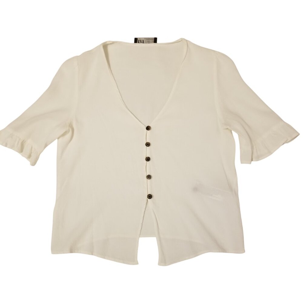 Zara TRF White Button Down Ruffle Trim Sleeve V-Neck Flowy Crop Summer Blouse